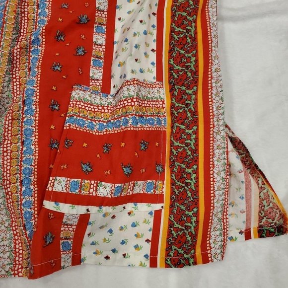 Vintage 70s Red Boho Belted Tunic Collared Smock Sleeveless Floral Shirt L/XL - Picture 7 of 10